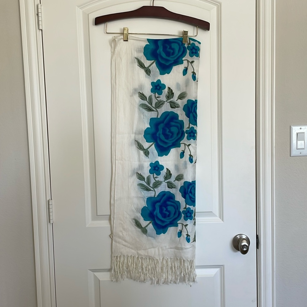White with blue florals scarf